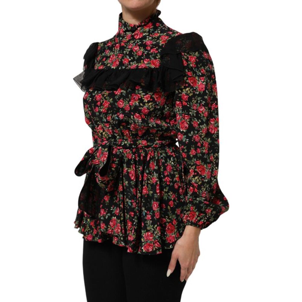 Dolce & Gabbana Black Floral Print Long Sleeve Blouse Women's Top - Picture 2 of 5